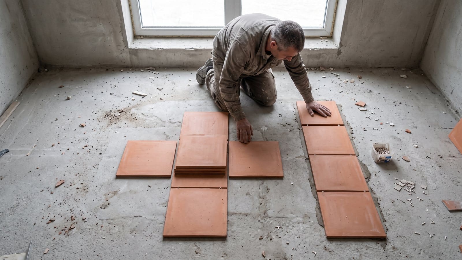 A tiler kneels on a concrete floor, laying terracotta tiles in a cross shape beside a column of four