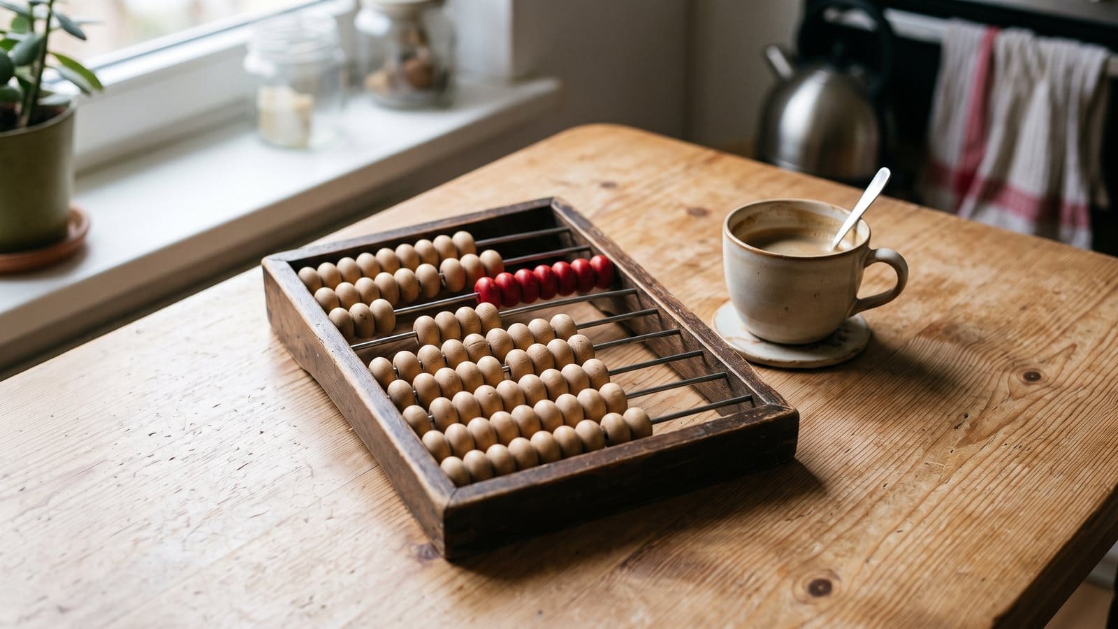 Wooden abacus with one row of red beads on a pine kitchen table beside a cup of coffee in morning light