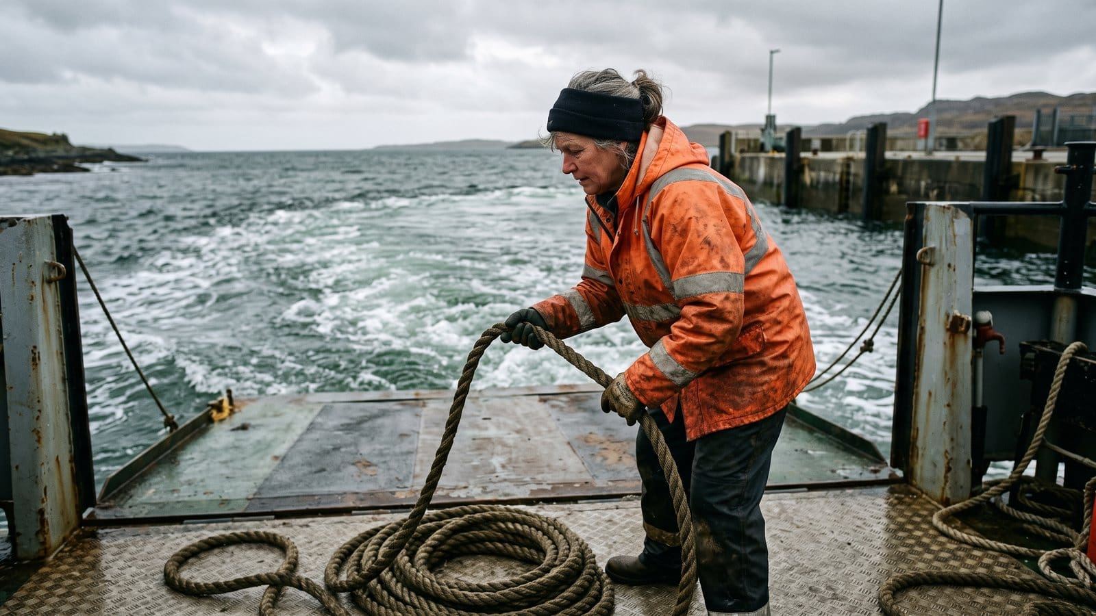 A woman in an orange rain jacket coils a heavy rope on a ferry's stern ramp above churned grey-green water